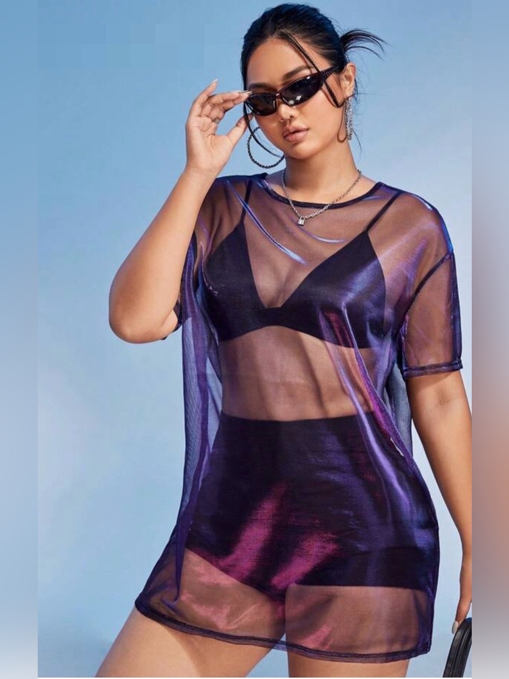 SHEIN Iridescent Purple Sheer Mesh Tee NWOT
